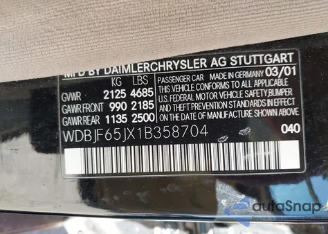 2001 Mercedes-Benz E 320 из США, поврежденный, VIN WDBJF65JX1B358704